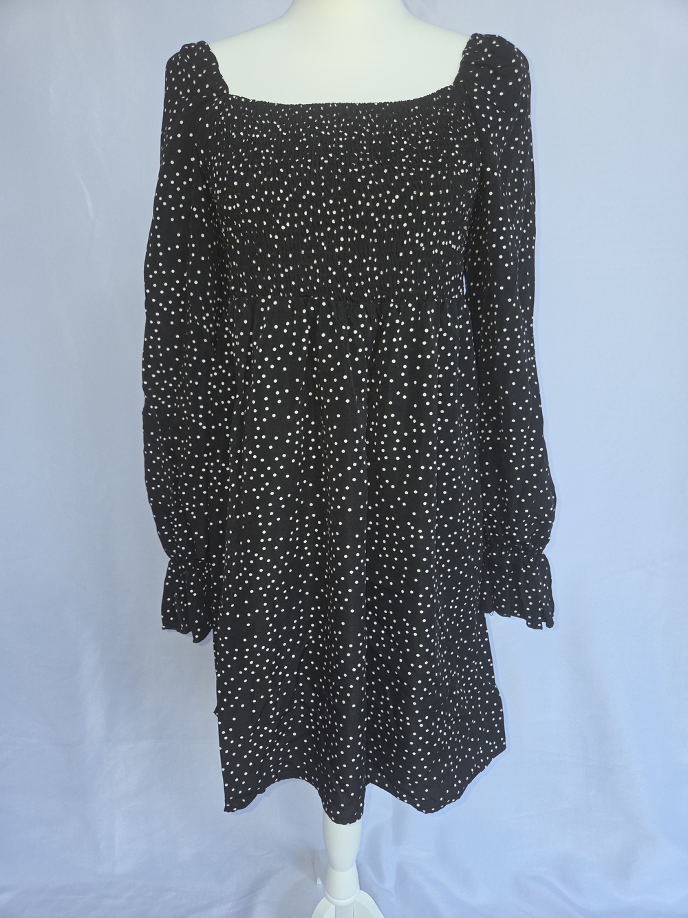 Missguided Black White Polka Dot Long Sleeve Smocked Mini Dress